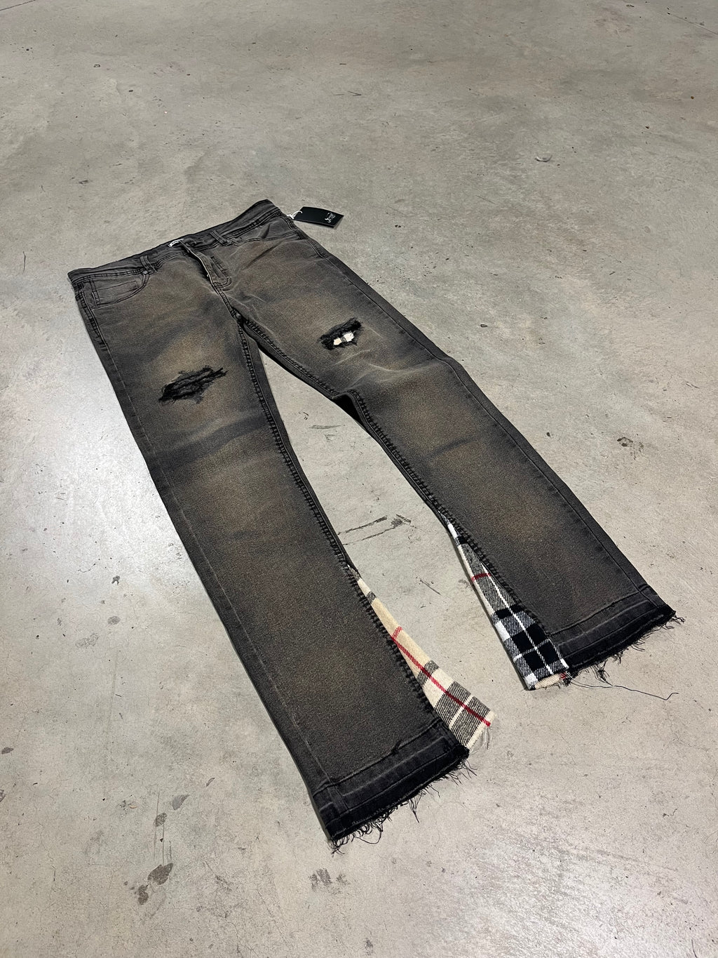 Yellow Washed Grey Check Denim Jeans