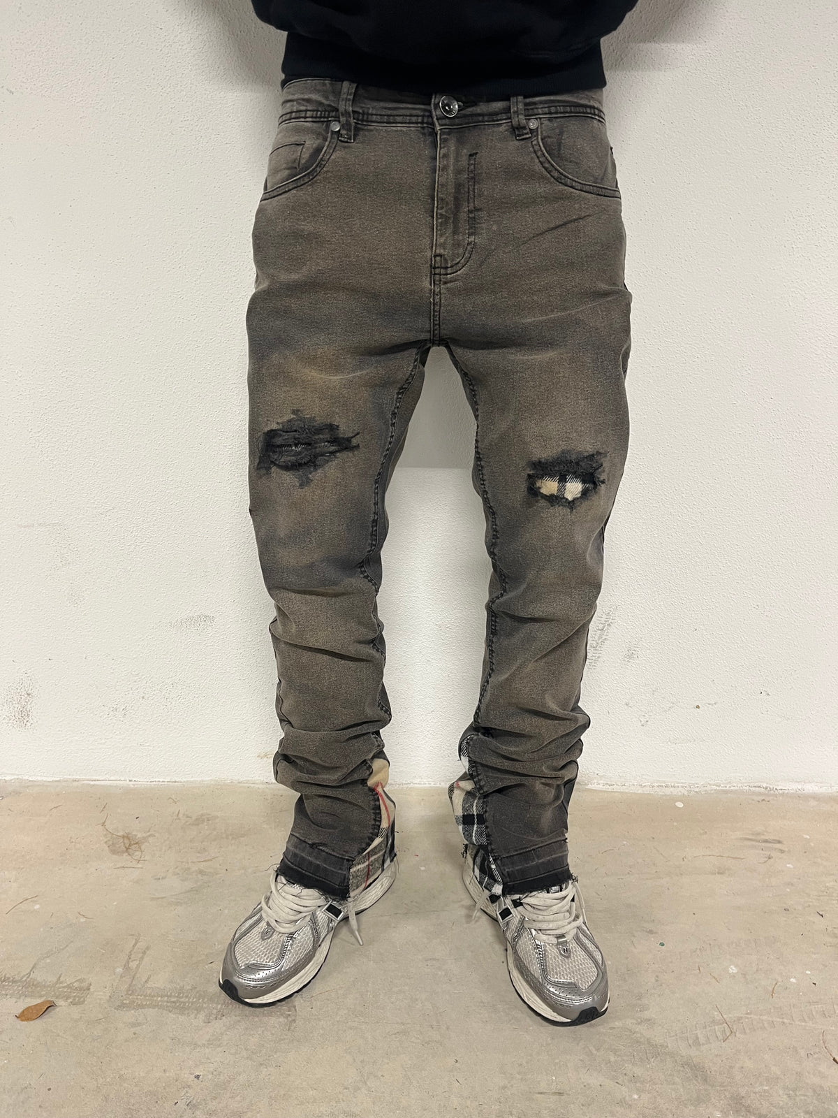 Yellow Washed Grey Check Denim Jeans