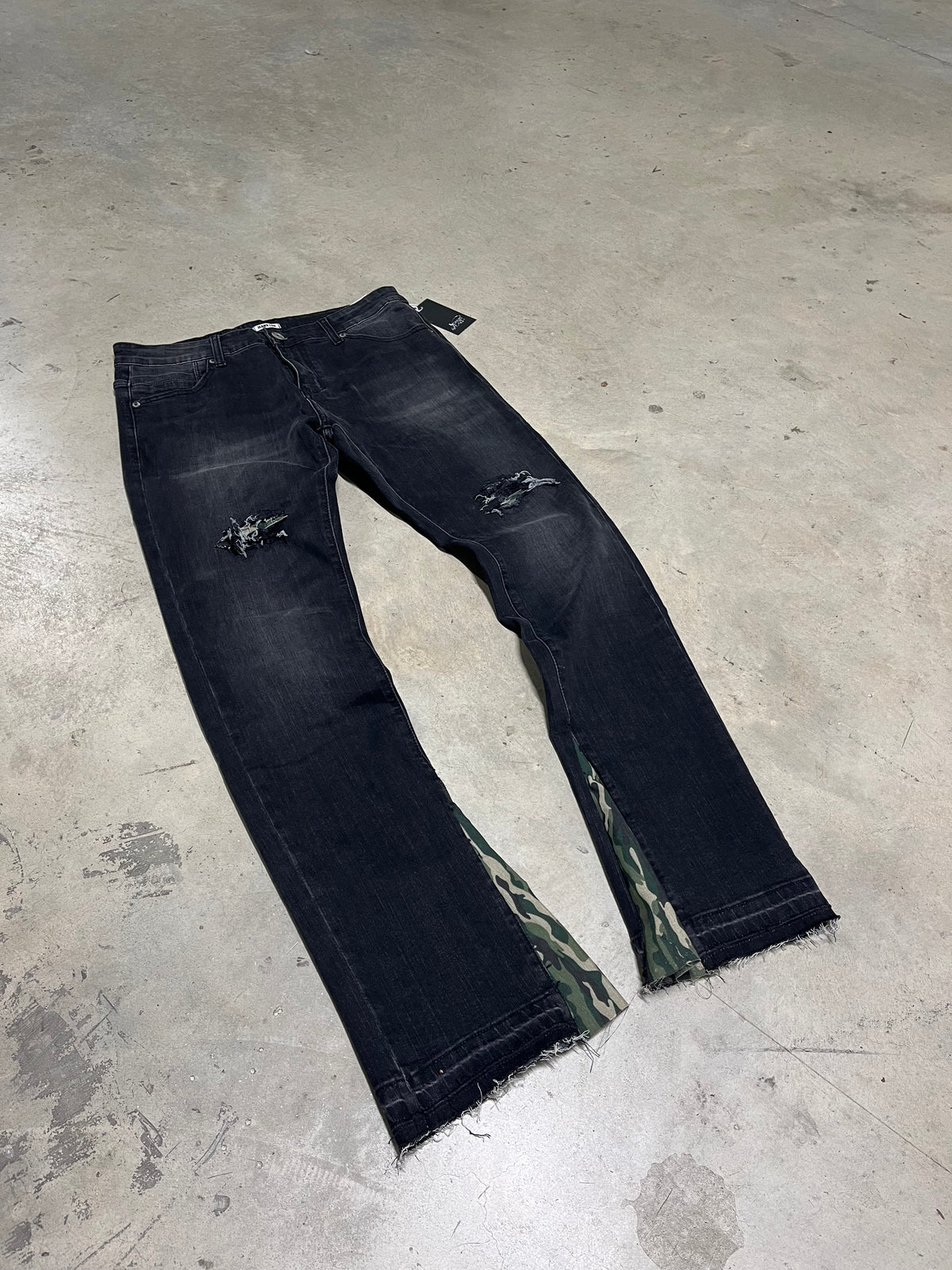 Washed Grey & Green Camo Flared Jeans